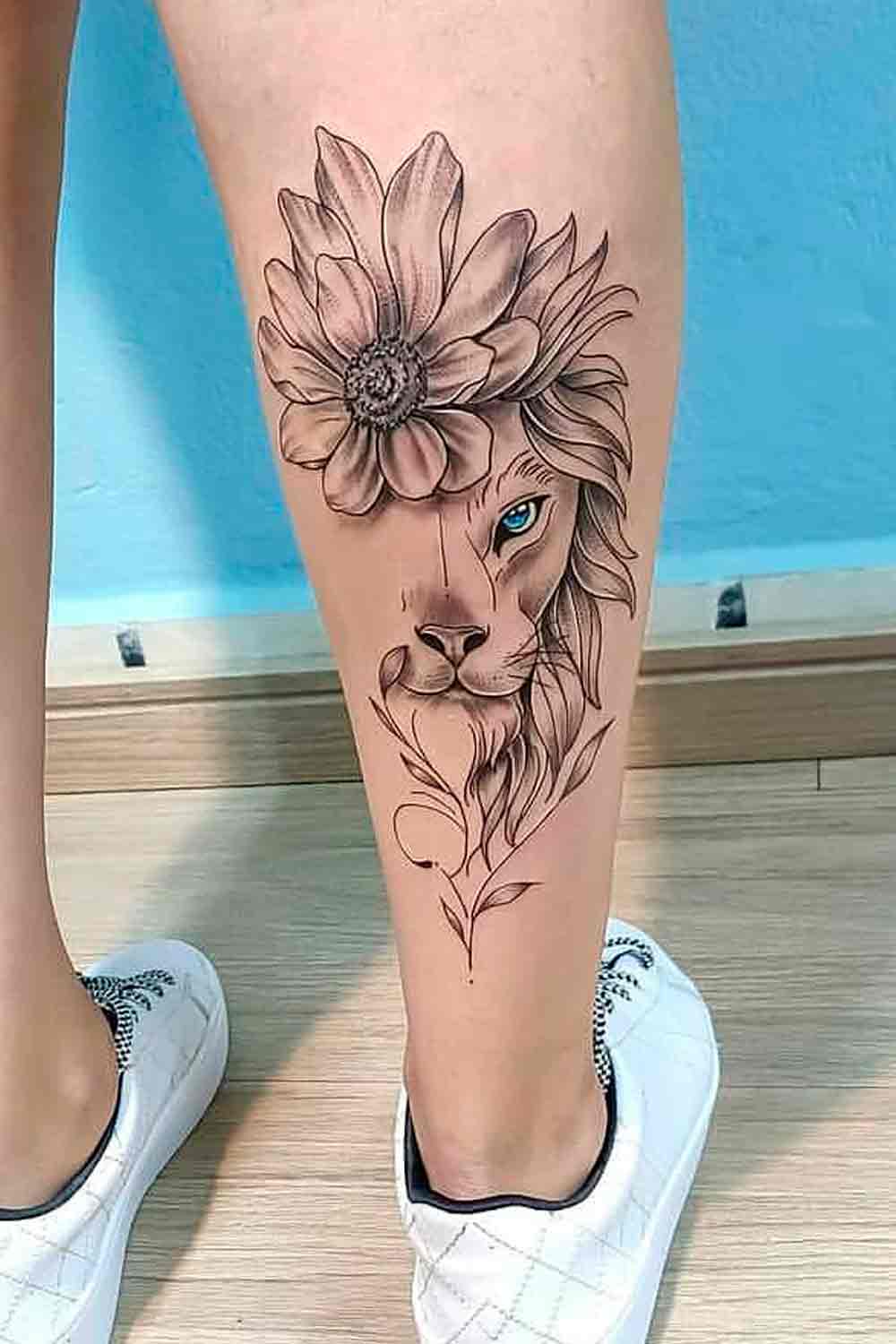 tatuagem-feminina-e-delicada-de-leao-na-panturrilha 